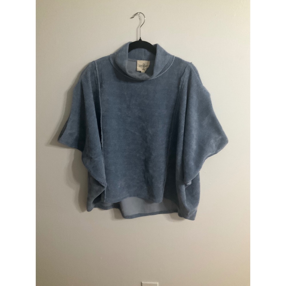 Umgee Blue Ribbed Corduroy Lounge Set Mock Neck Poncho Top Wide Leg Pants Medium